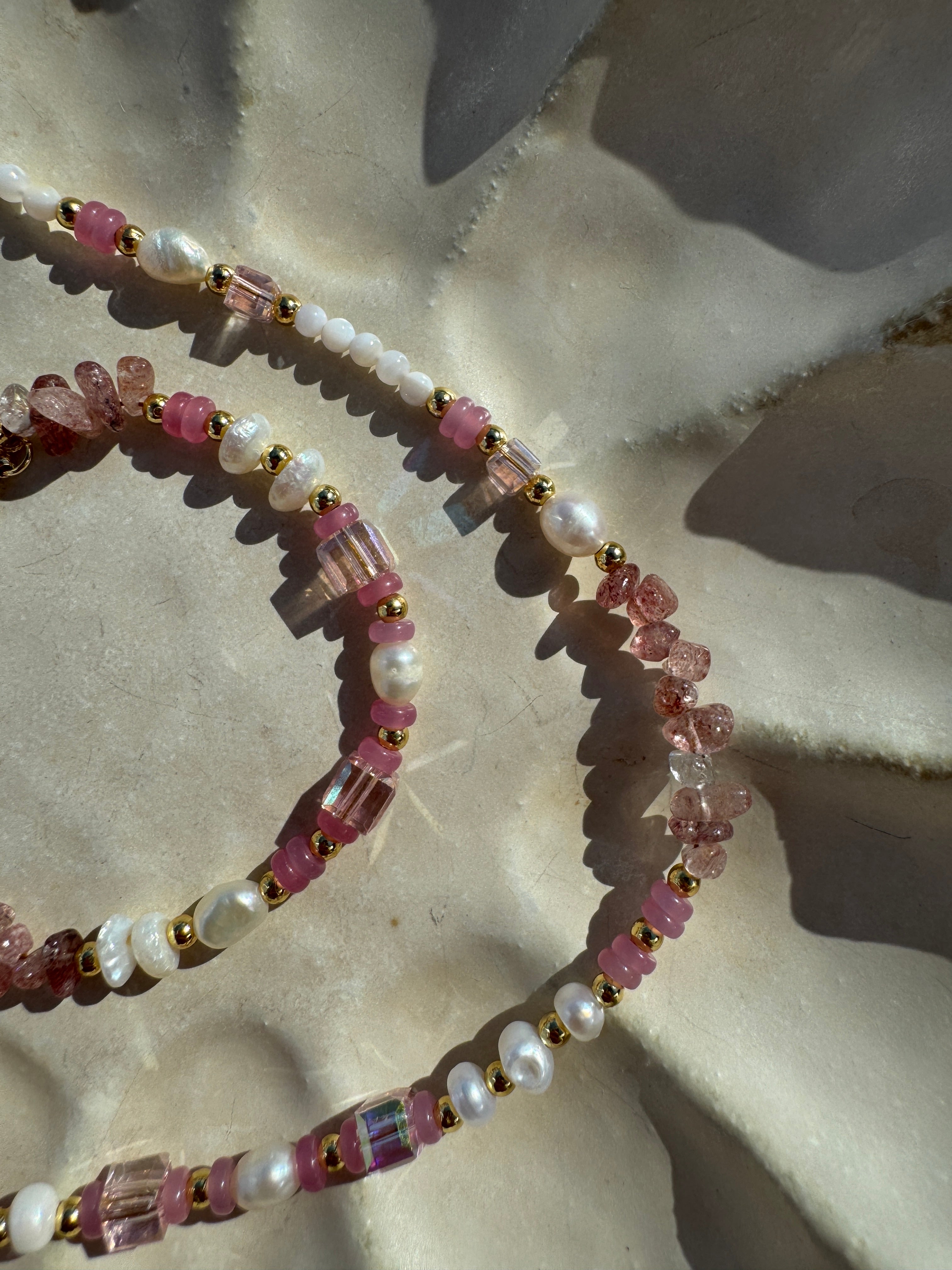 Berry Crush pink crystal necklace and bracelet set with pearl beads, 18K gold plated accents