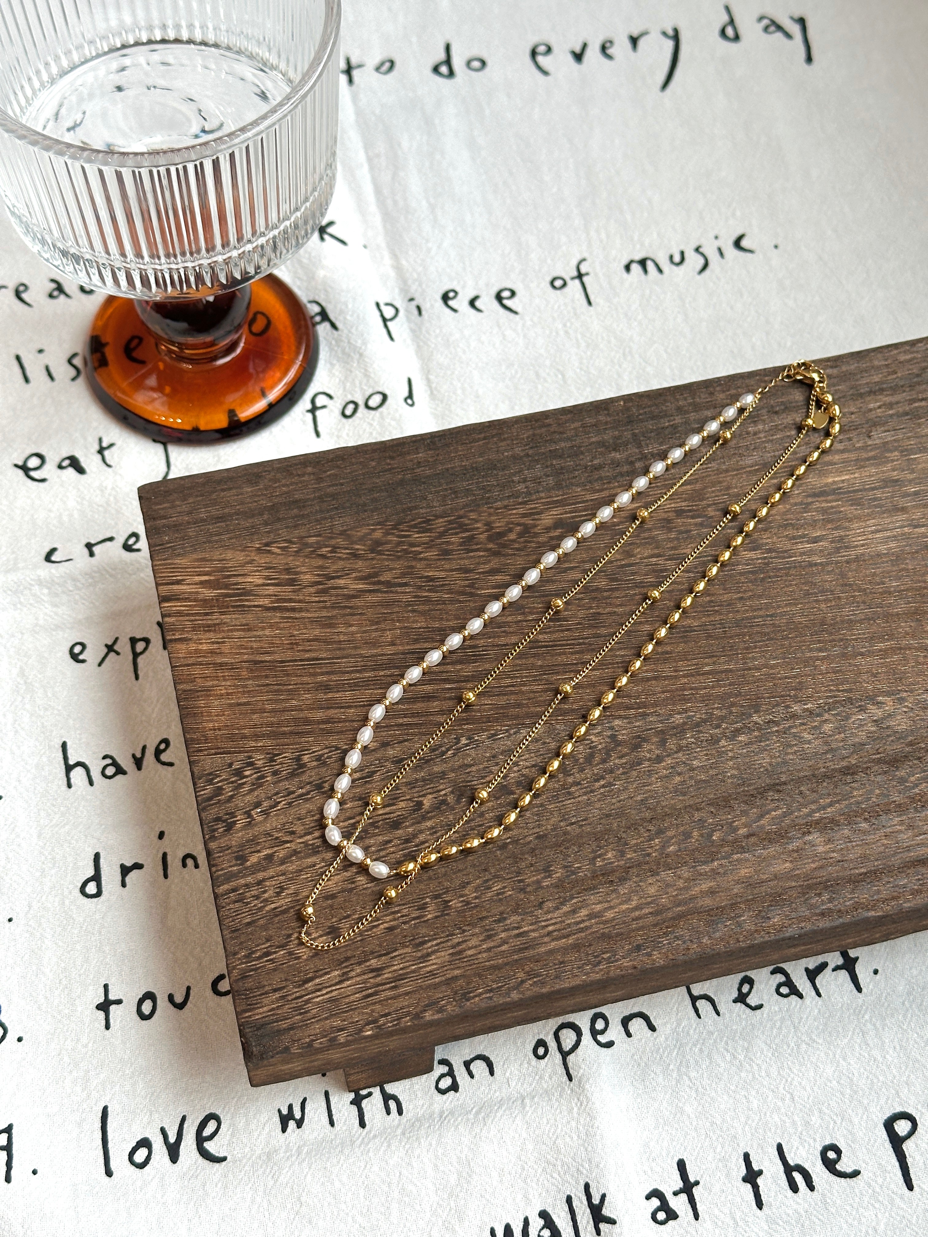 Art Deco double chain necklace, 18K gold plated brass, minimalist layered look, adjustable