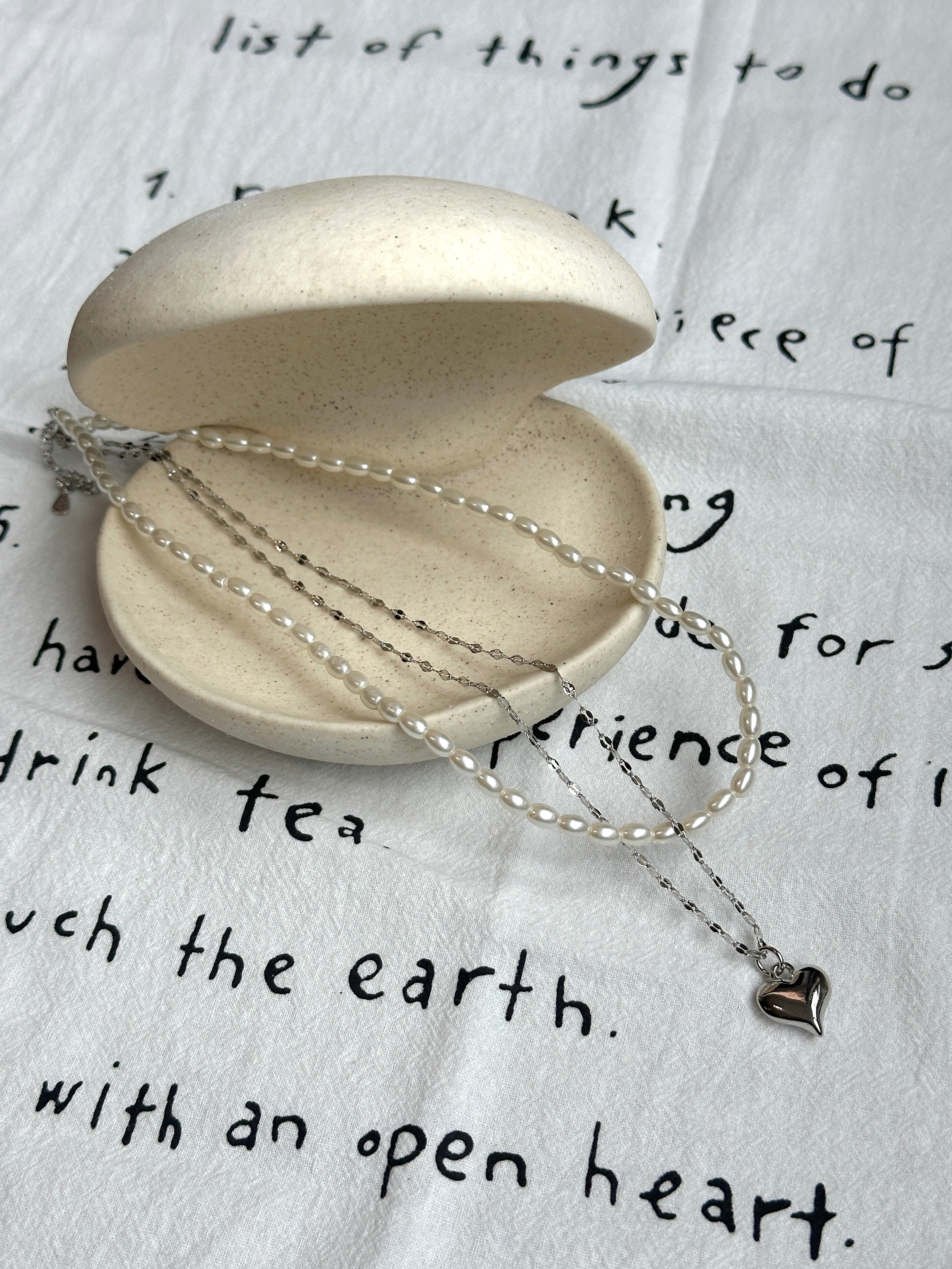 Rebellia double chain necklace in silver 18K plated stainless steel with pearl and heart