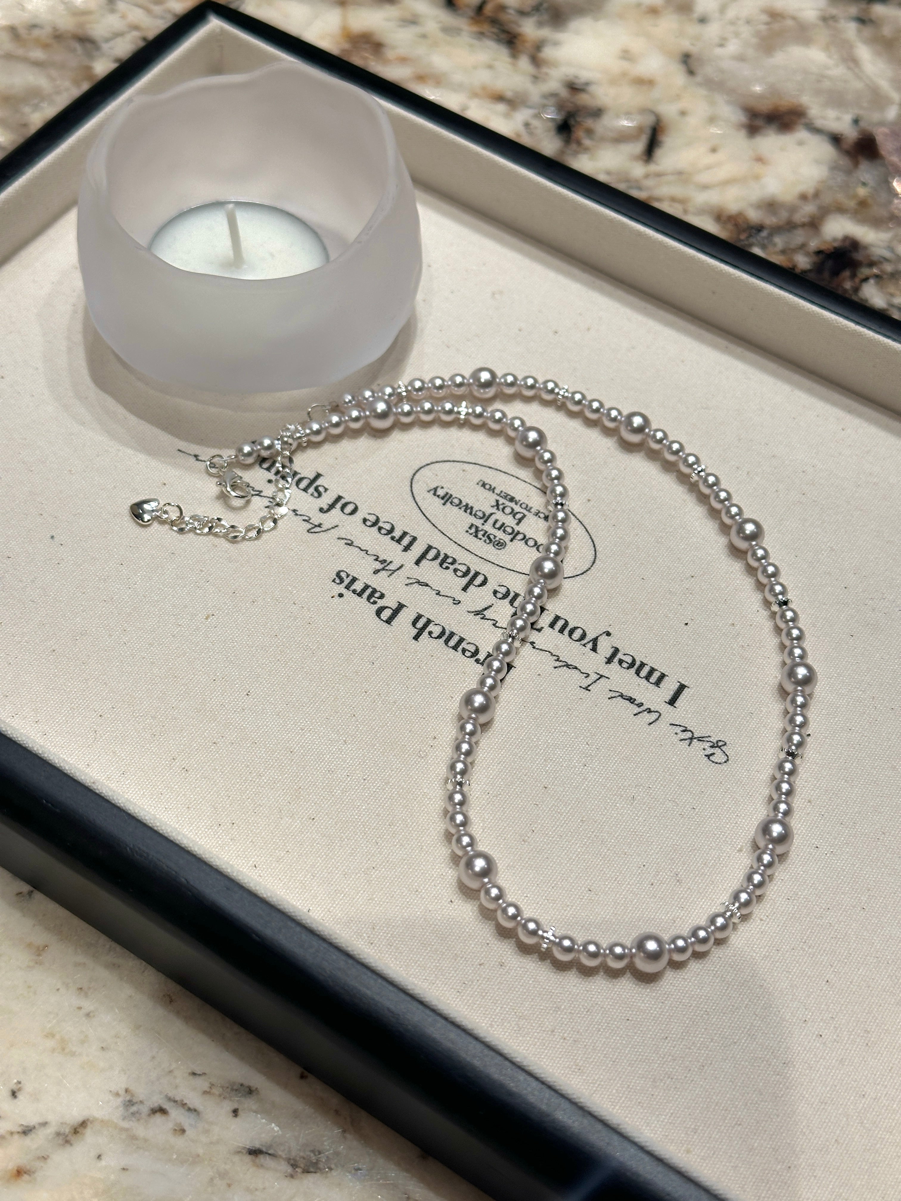 Mercury pearl necklace, white pearl beads with 18K gold plated accents, minimalist, stackable