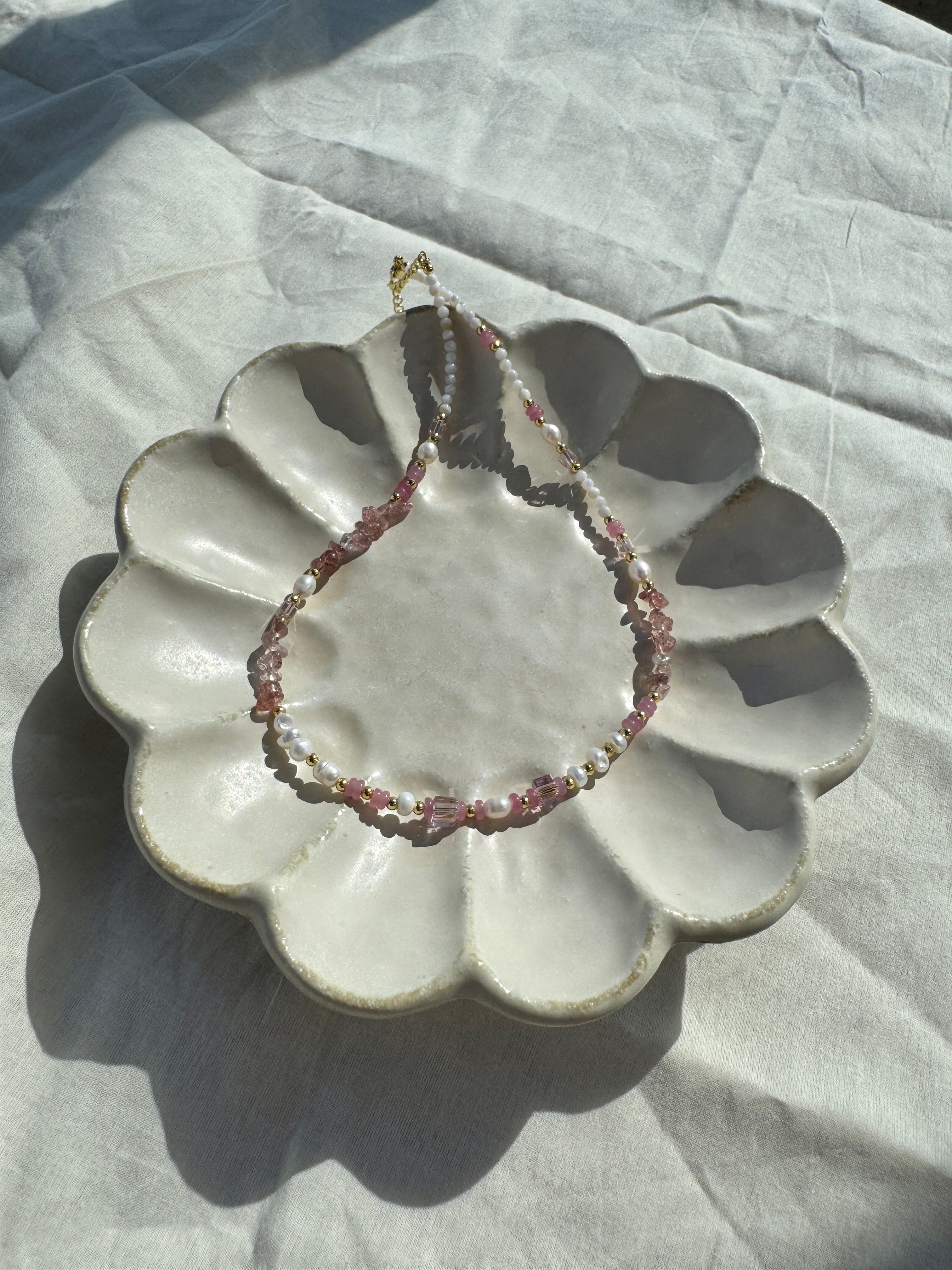 Berry Crush pink crystal necklace with pearl accents, 18K gold plated, layerable, adjustable