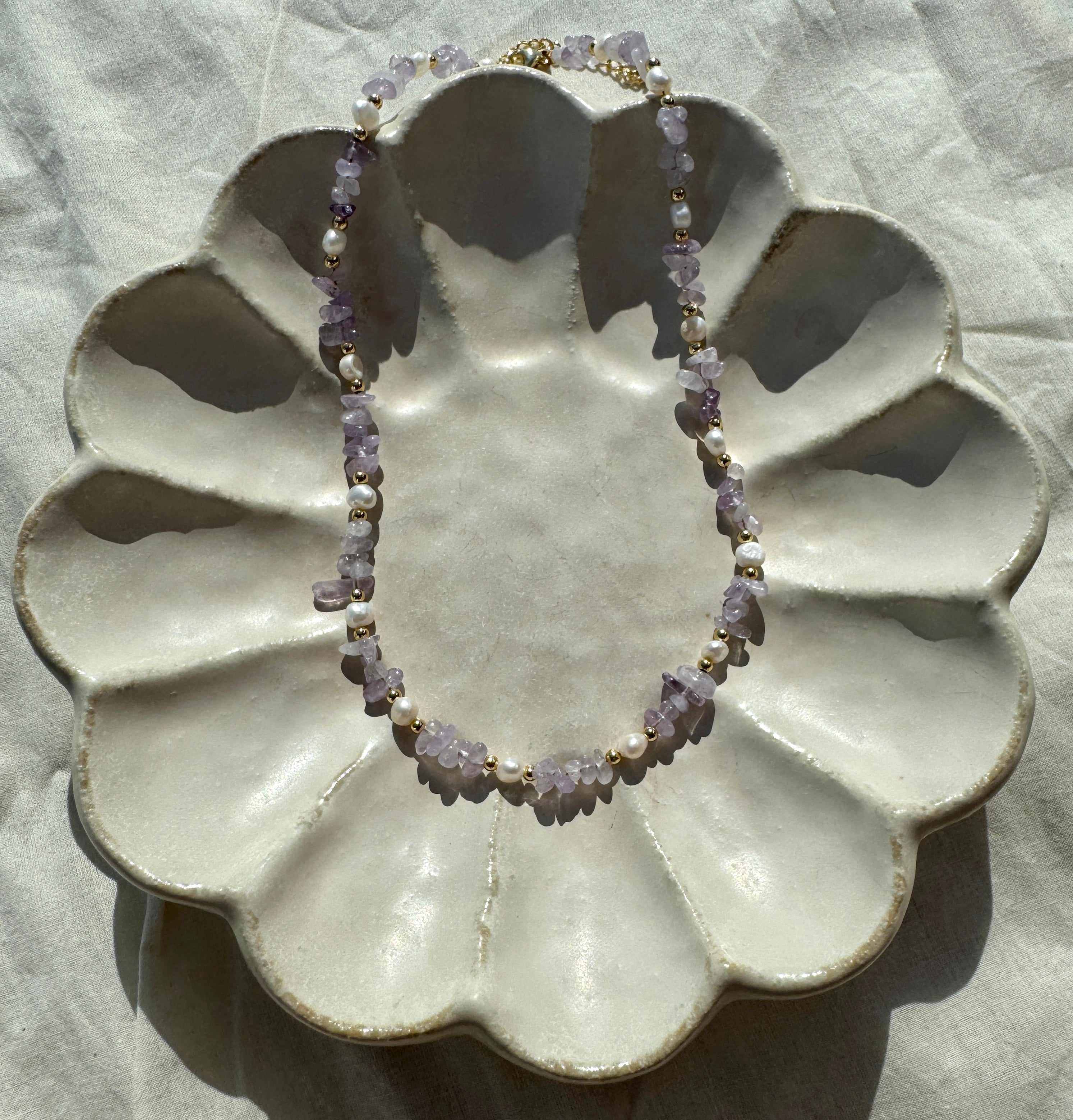 Lilac Mist crystal beaded necklace, 18K gold plated accents, layerable