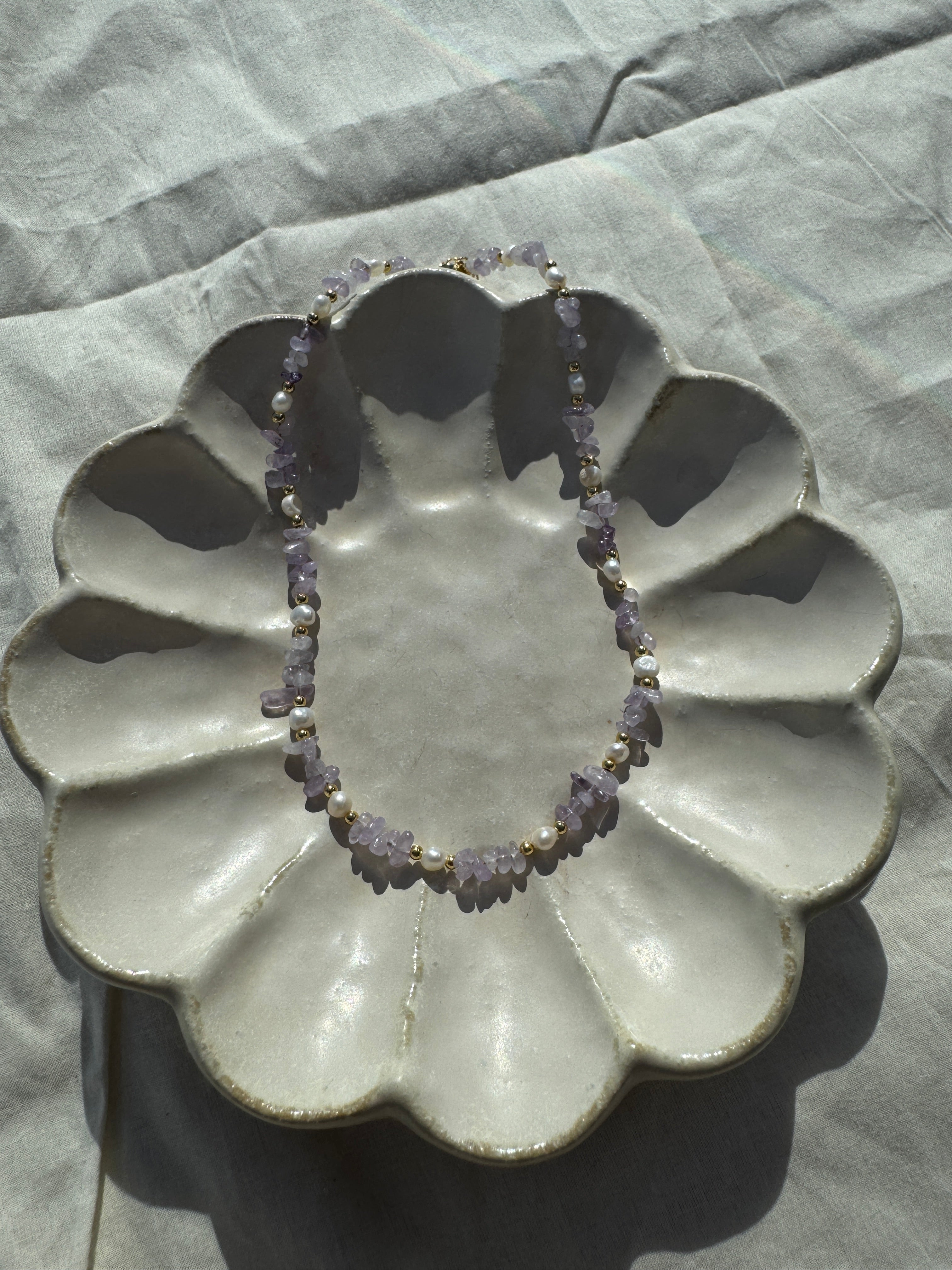 Lilac Mist crystal beaded necklace, 18K gold plated accents, layerable