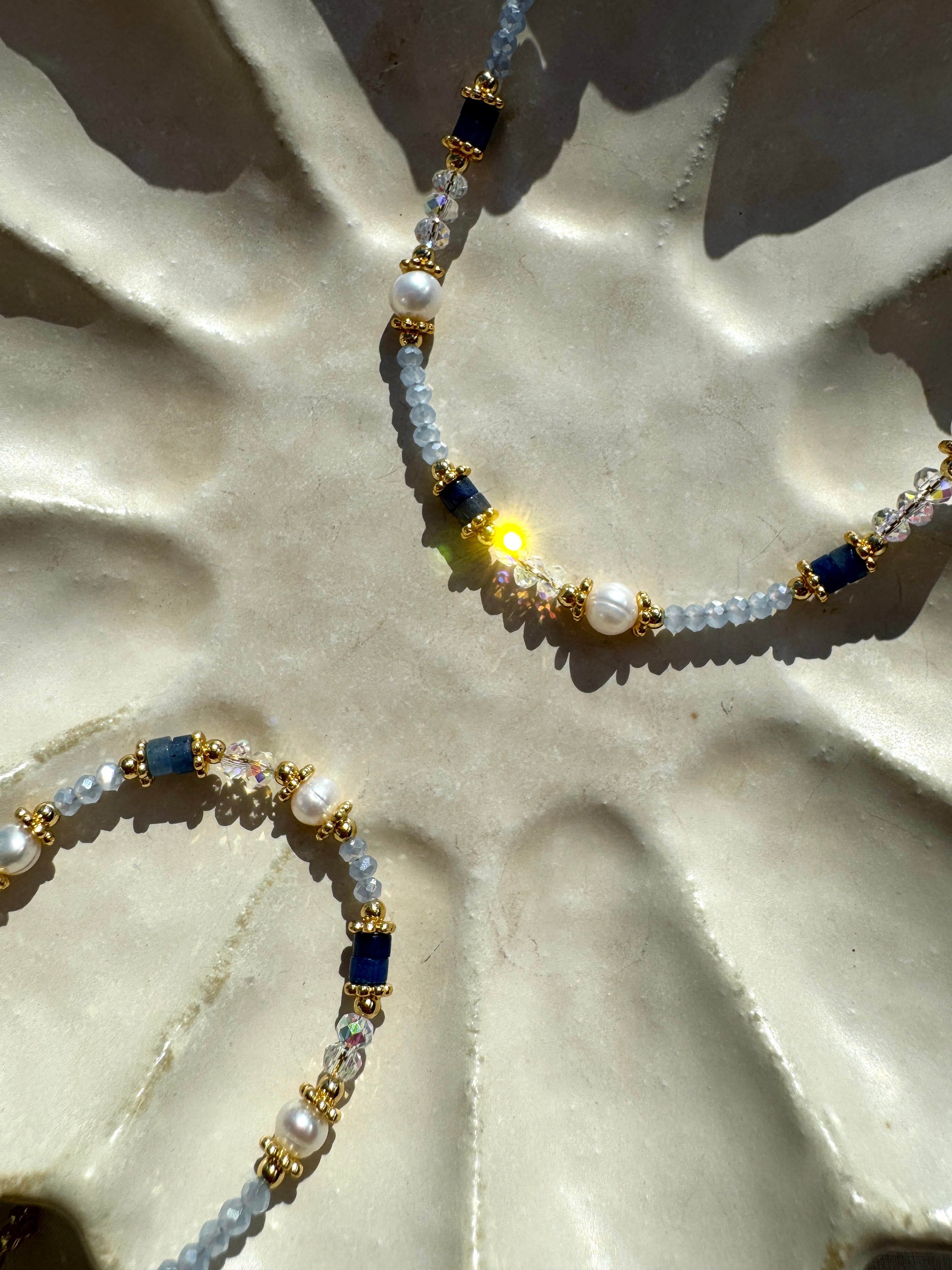 Aurora blue crystal necklace and bracelet set, pearl beaded, 18K gold plated accents