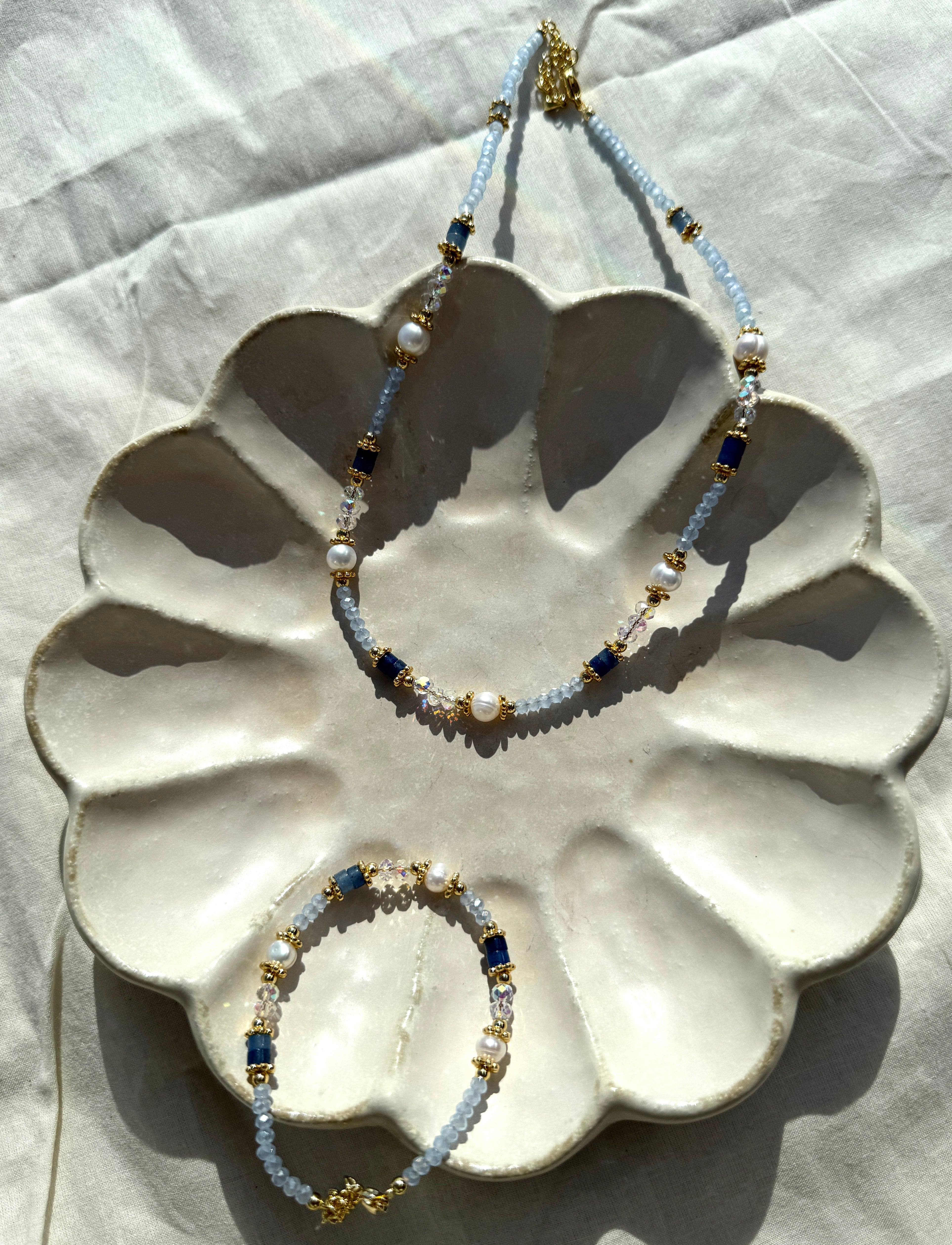 Aurora blue crystal necklace and bracelet set, pearl beaded, 18K gold plated accents