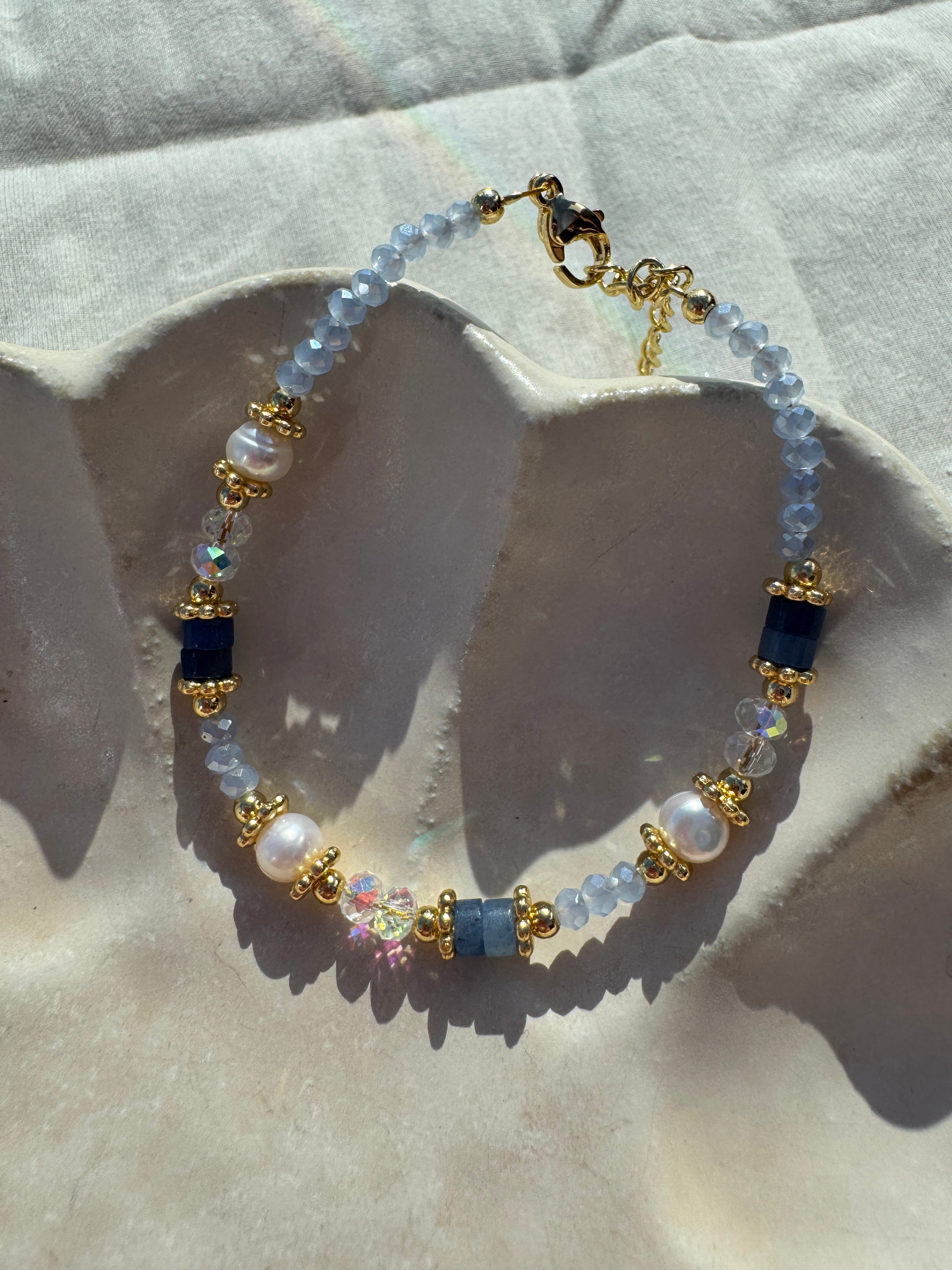 Blue crystal beaded necklace close-up