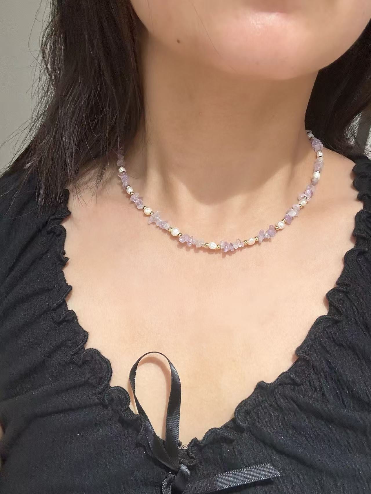 On-neck shot: lilac crystal beaded necklace with pearl accents, adjustable